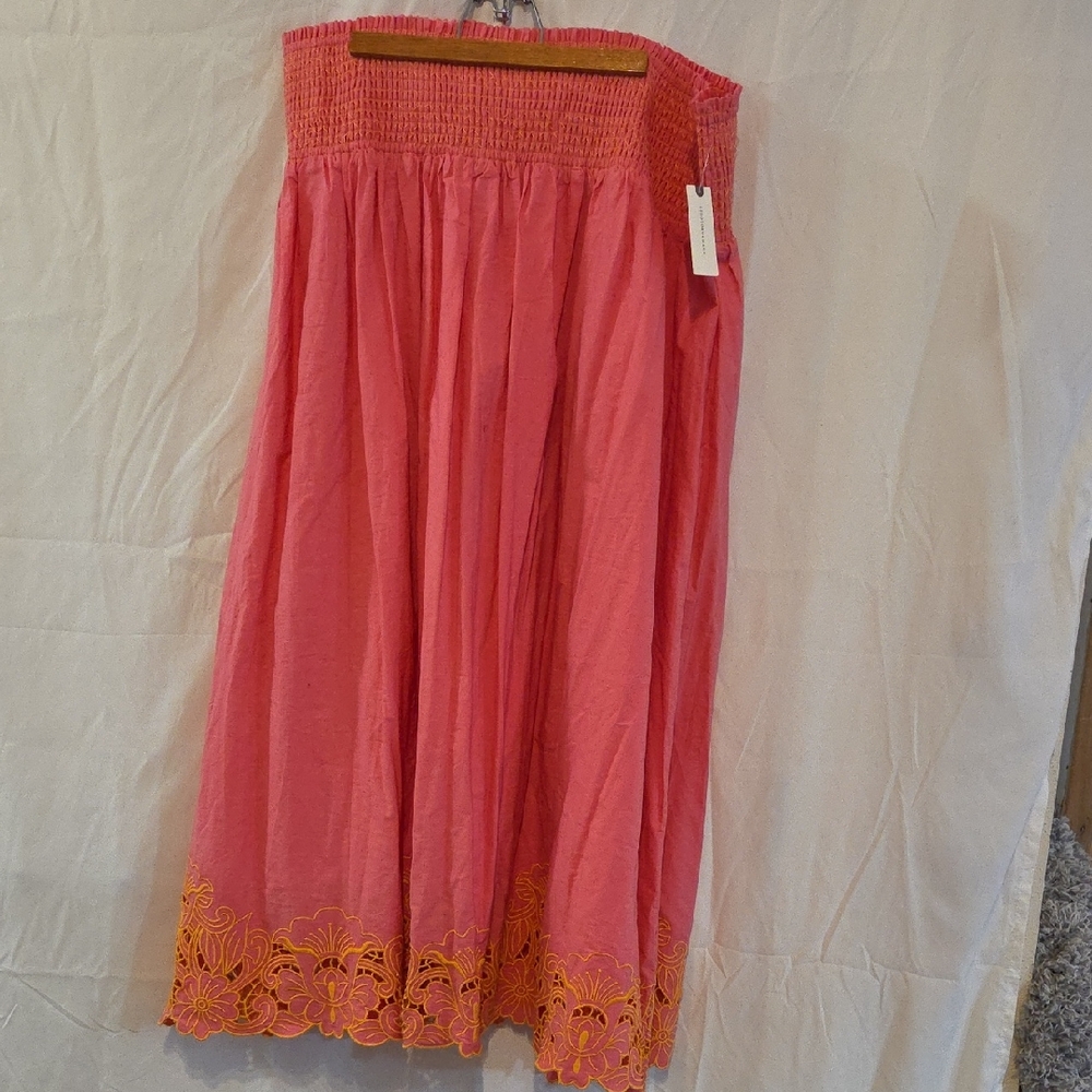 NWT By Anthropologie Smocked Yoke Cutwork Maxi Skirt – Pink/Orange Embroidery –